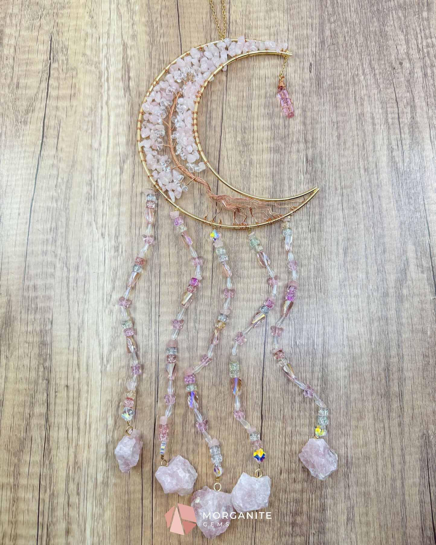 Gold Crescent Moon Dreamcatcher with Rose Quartz Tree of Life & Jewel Charms Home & Living