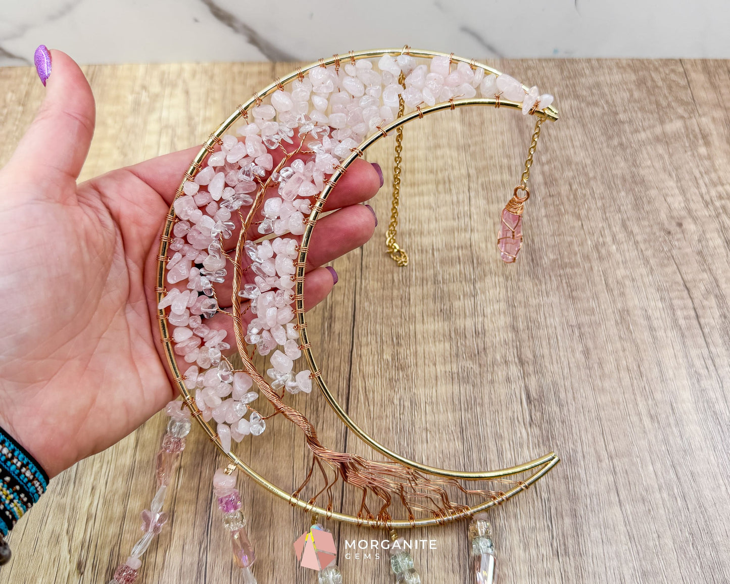 Gold Crescent Moon Dreamcatcher with Rose Quartz Tree of Life & Jewel Charms Home & Living
