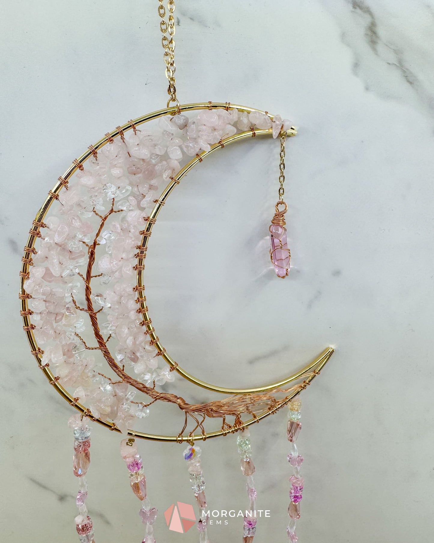 Gold Crescent Moon Dreamcatcher with Rose Quartz Tree of Life & Jewel Charms Home & Living