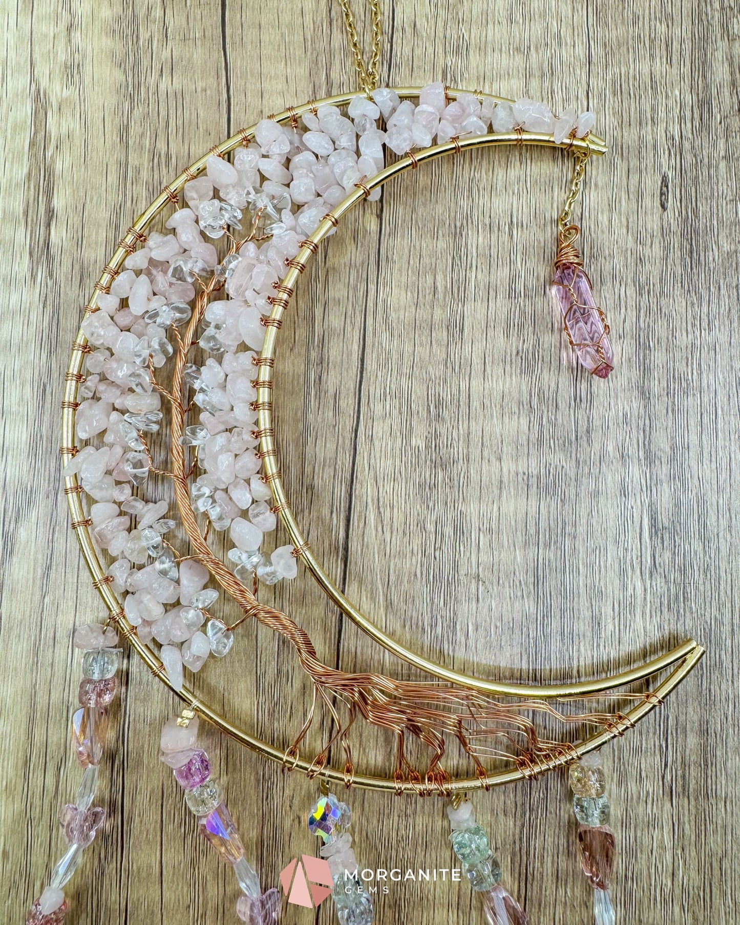 Gold Crescent Moon Dreamcatcher with Rose Quartz Tree of Life & Jewel Charms Home & Living
