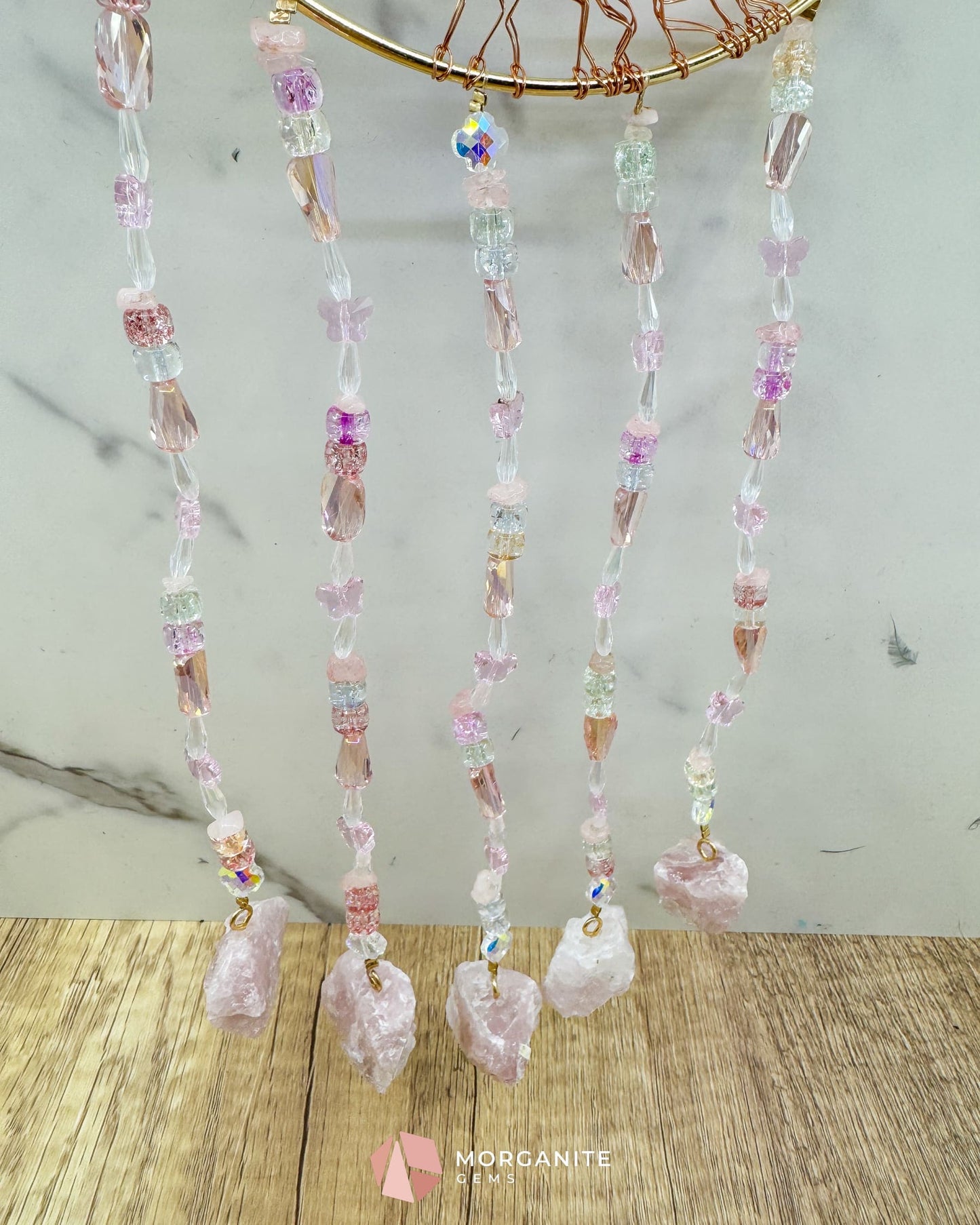 Gold Crescent Moon Dreamcatcher with Rose Quartz Tree of Life & Jewel Charms Home & Living