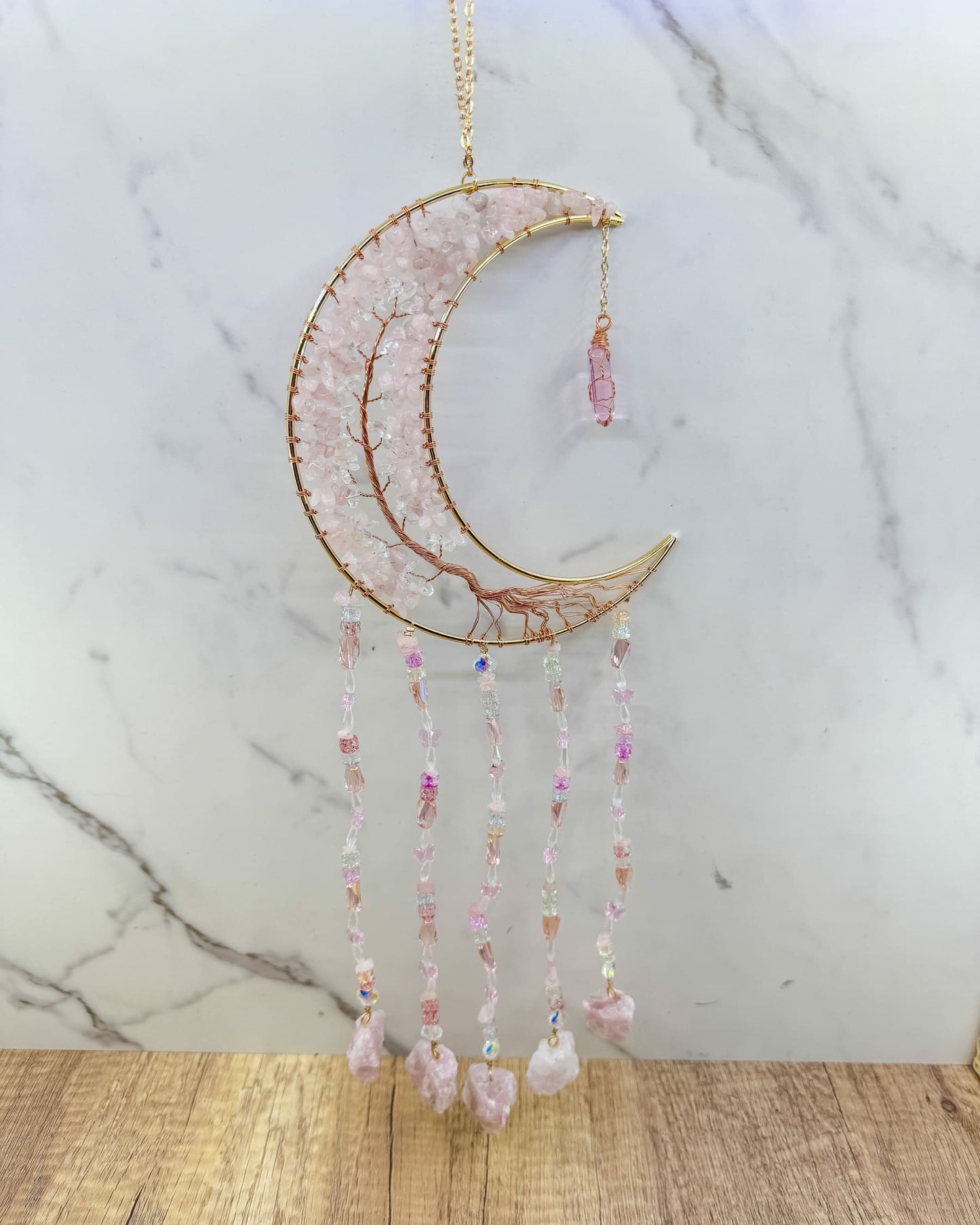 Gold Crescent Moon Dreamcatcher with Rose Quartz Tree of Life & Jewel Charms Home & Living