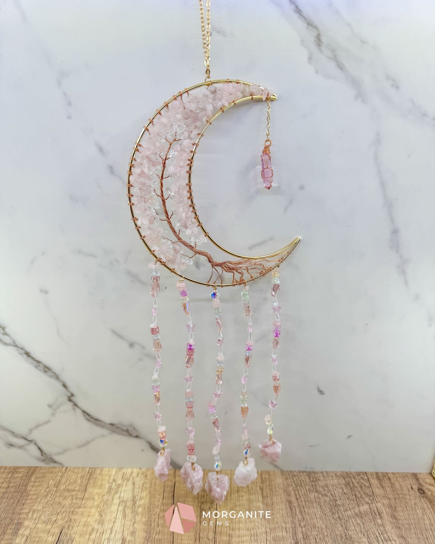 Gold Crescent Moon Dreamcatcher with Rose Quartz Tree of Life & Jewel Charms Home & Living
