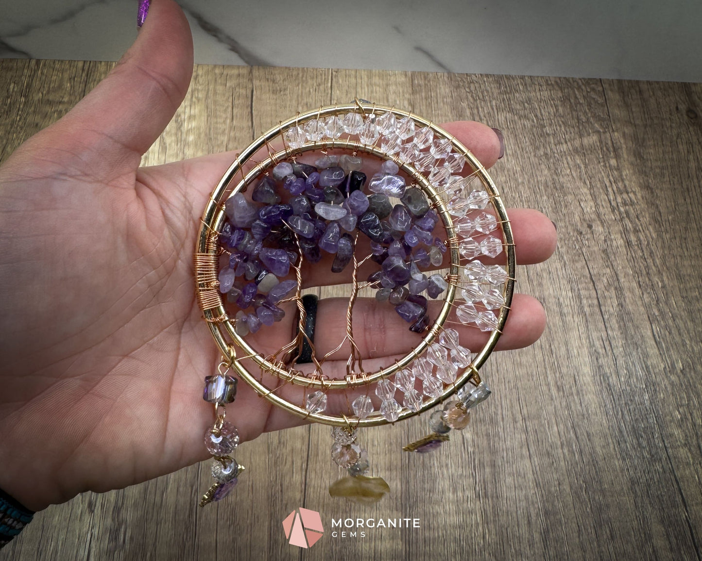 Gold Dual‑Ring Dreamcatcher with Amethyst Tree of Life & Jewel Charms Home & Living