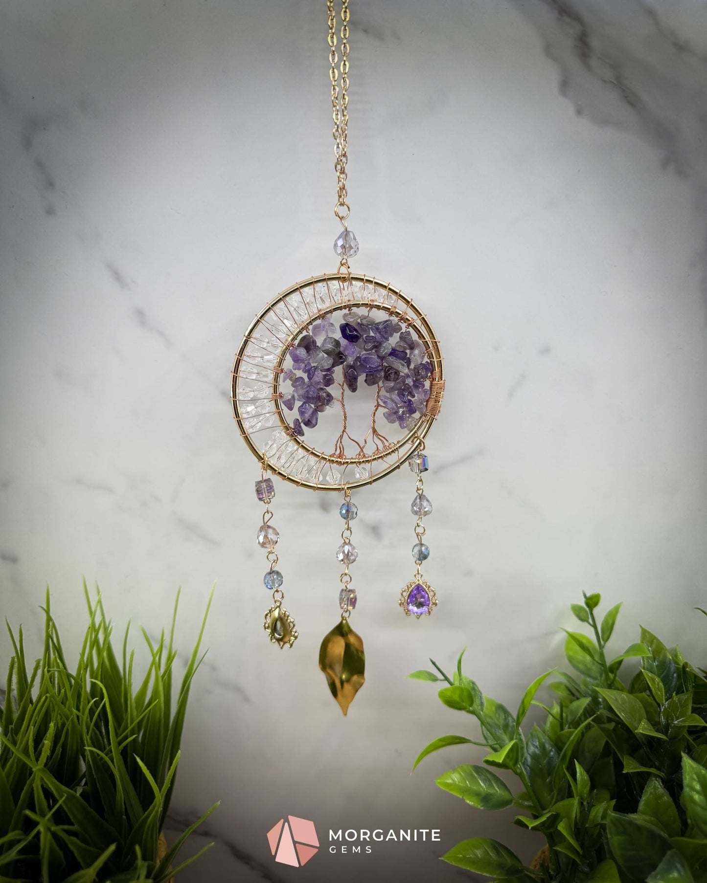 Gold Dual‑Ring Dreamcatcher with Amethyst Tree of Life & Jewel Charms Home & Living