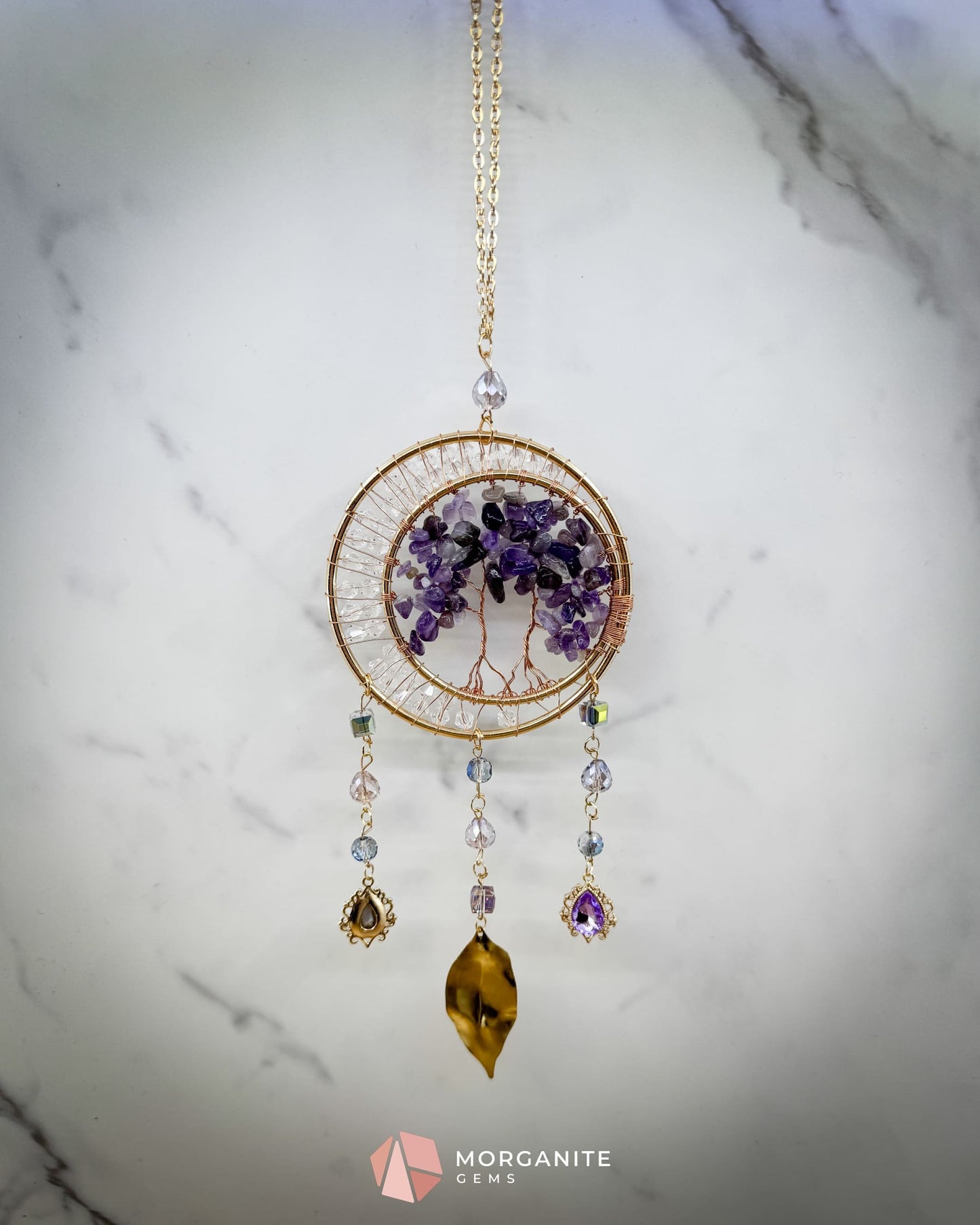 Gold Dual‑Ring Dreamcatcher with Amethyst Tree of Life & Jewel Charms Home & Living