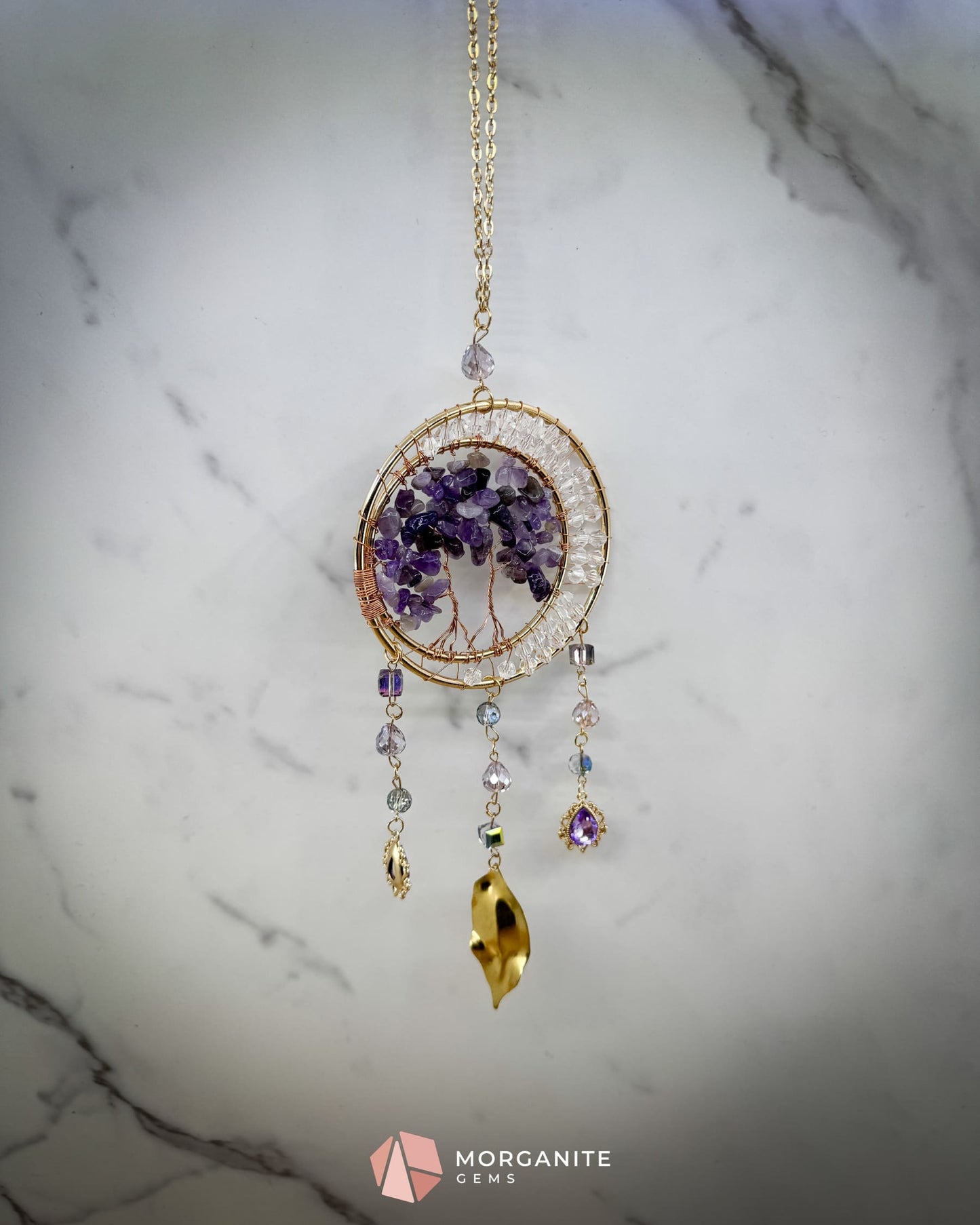 Gold Dual‑Ring Dreamcatcher with Amethyst Tree of Life & Jewel Charms Home & Living