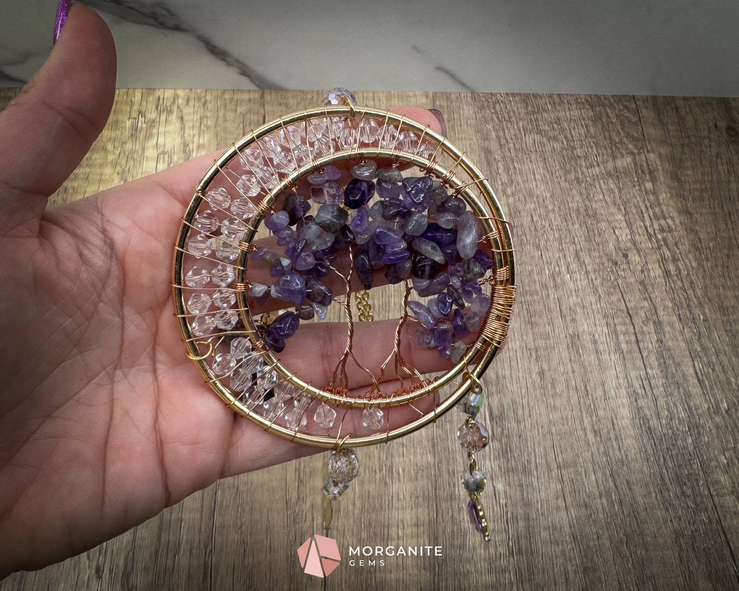 Gold Dual‑Ring Dreamcatcher with Amethyst Tree of Life & Jewel Charms Home & Living