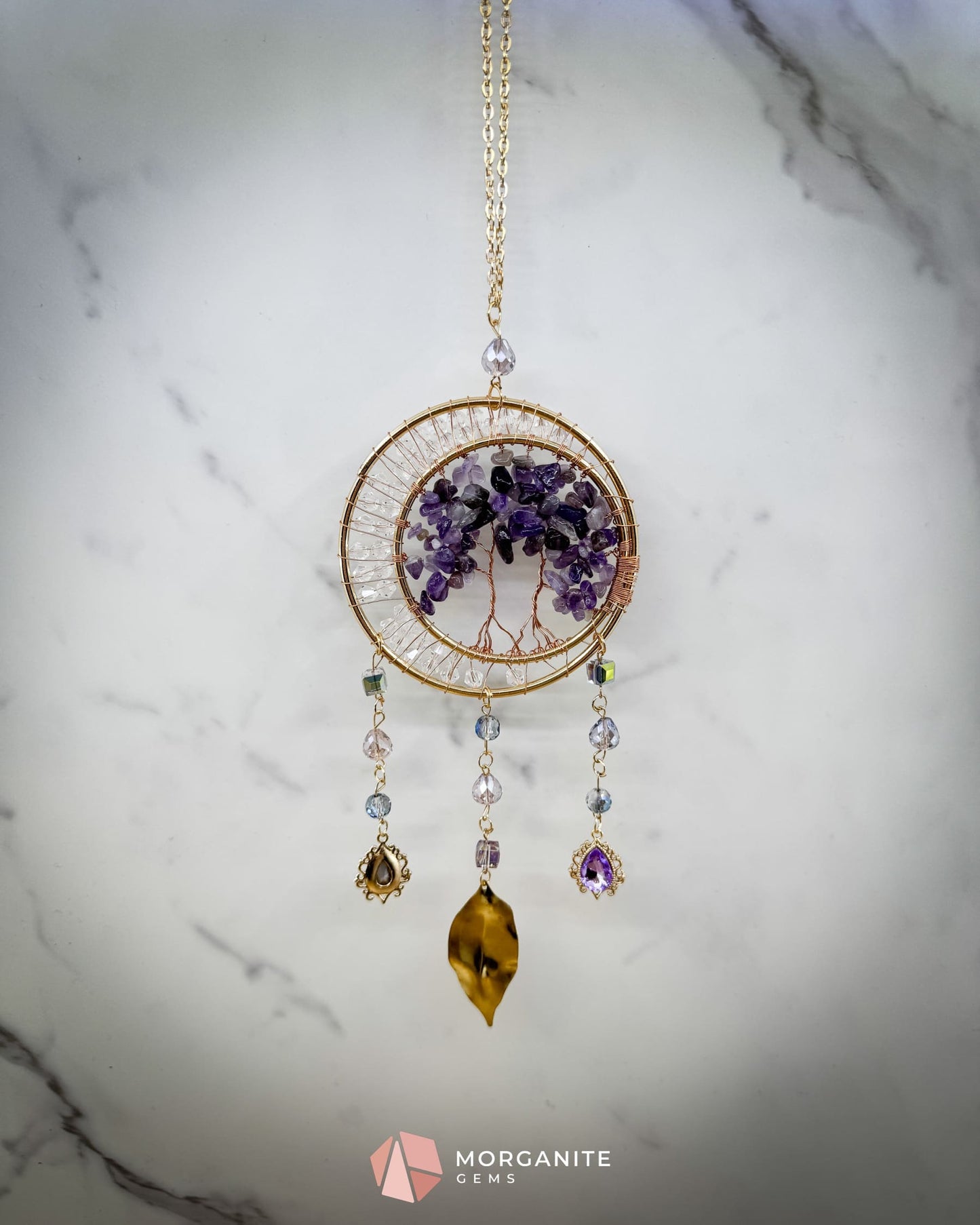 Gold Dual‑Ring Dreamcatcher with Amethyst Tree of Life & Jewel Charms Home & Living