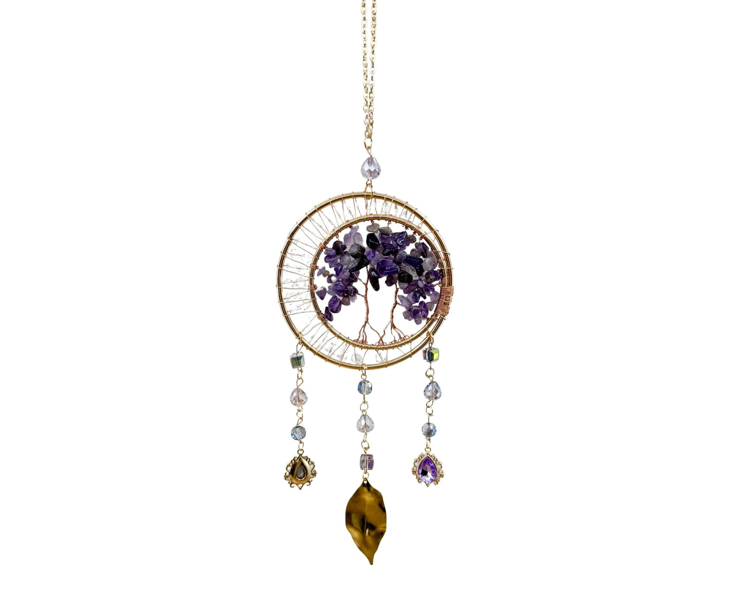 Gold Dual‑Ring Dreamcatcher with Amethyst Tree of Life & Jewel Charms Home & Living