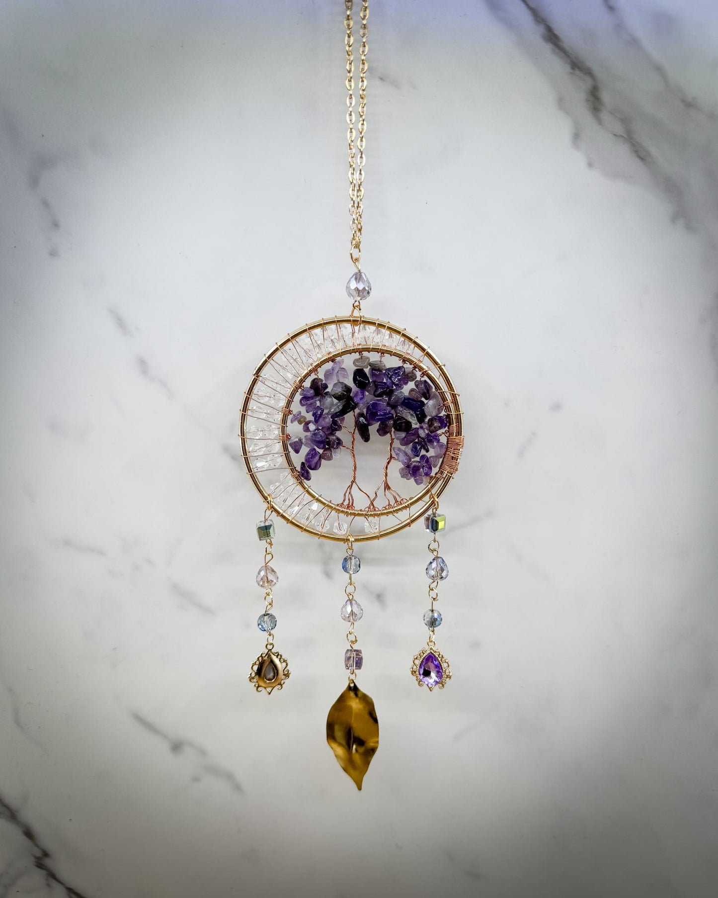 Gold Dual‑Ring Dreamcatcher with Amethyst Tree of Life & Jewel Charms Home & Living
