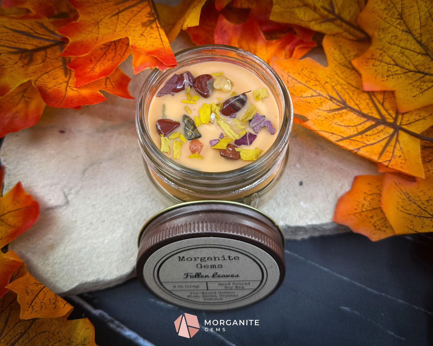 4 oz Mason Jar Fall Candle – Fallen Leaves Scent | Autumn Crystals & Dried Leaves | Small Rustic Fall Candle