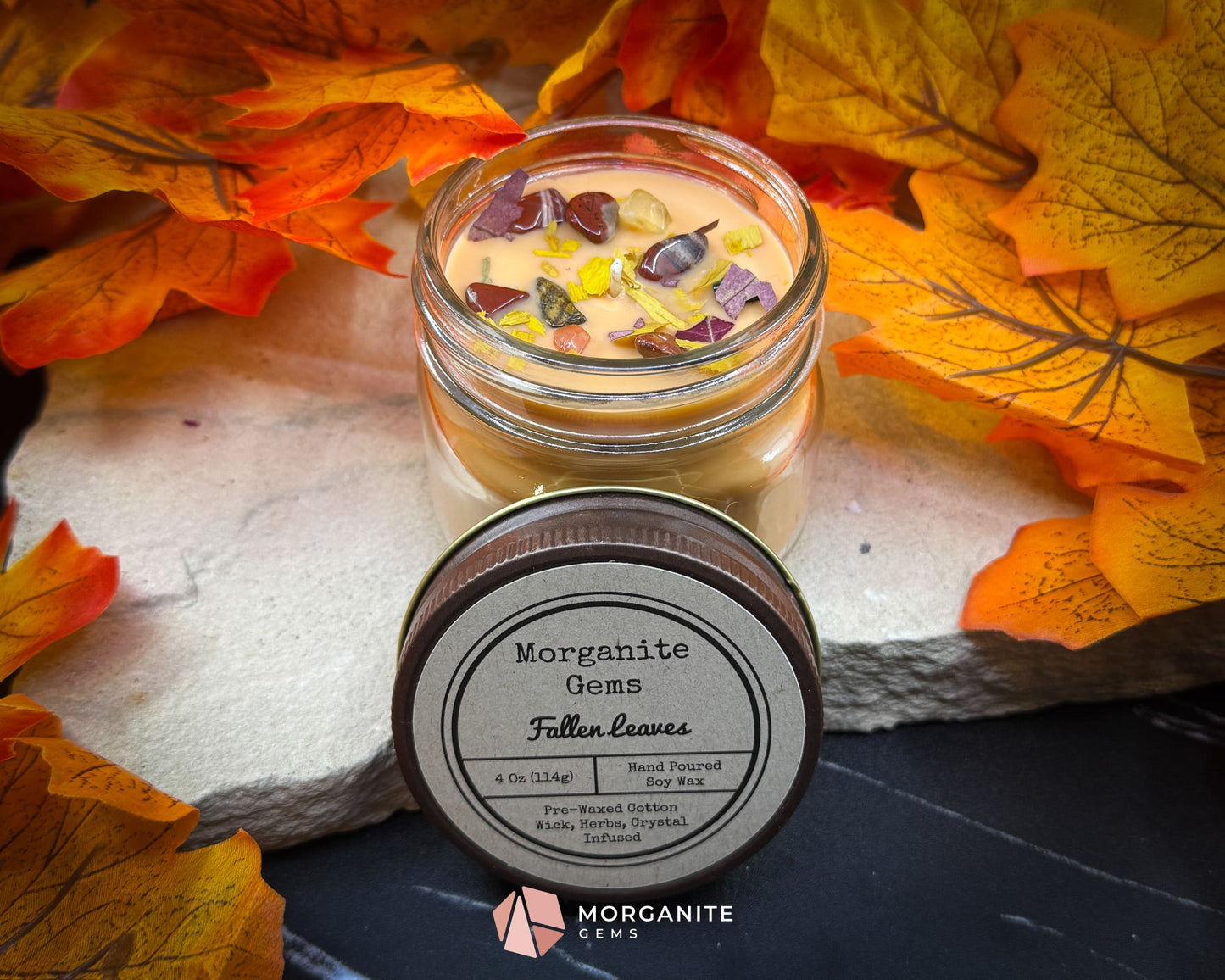4 oz Mason Jar Fall Candle – Fallen Leaves Scent | Autumn Crystals & Dried Leaves | Small Rustic Fall Candle