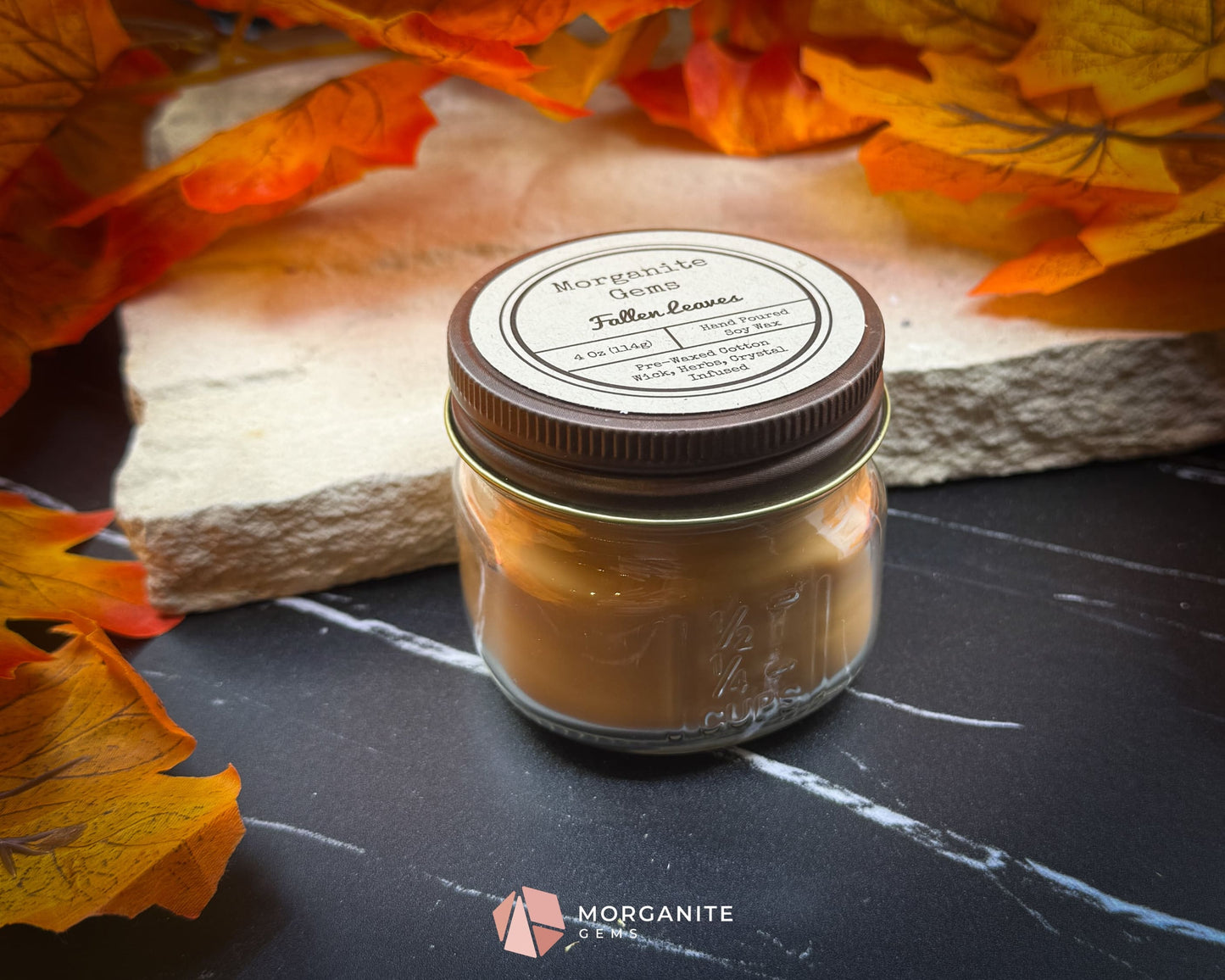 4 oz Mason Jar Fall Candle – Fallen Leaves Scent | Autumn Crystals & Dried Leaves | Small Rustic Fall Candle