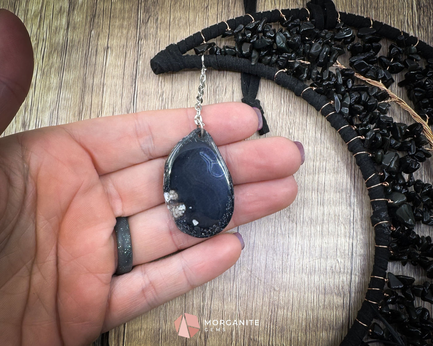 Medium Crescent Moon Dreamcatcher with Black Obsidian & Feathers by Guzel Handcrafts Home & Living