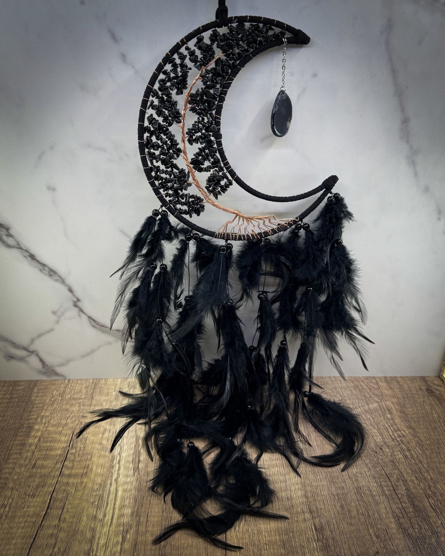 Medium Crescent Moon Dreamcatcher with Black Obsidian & Feathers by Guzel Handcrafts Home & Living