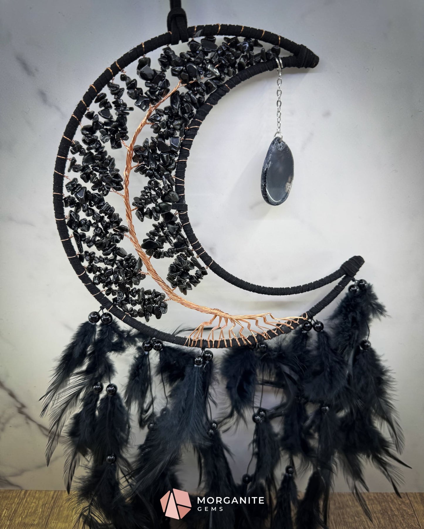 Medium Crescent Moon Dreamcatcher with Black Obsidian & Feathers by Guzel Handcrafts Home & Living