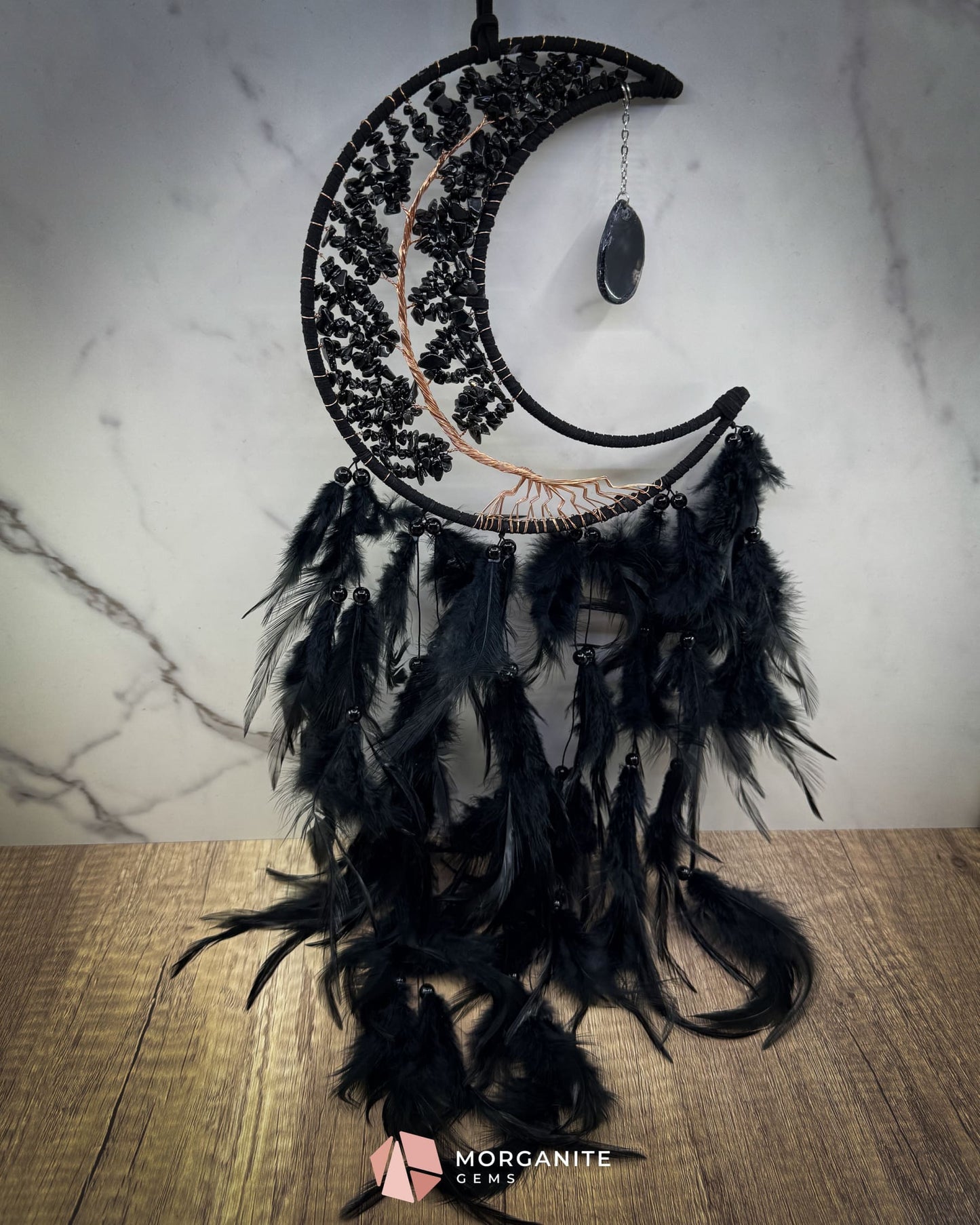 Medium Crescent Moon Dreamcatcher with Black Obsidian & Feathers by Guzel Handcrafts Home & Living