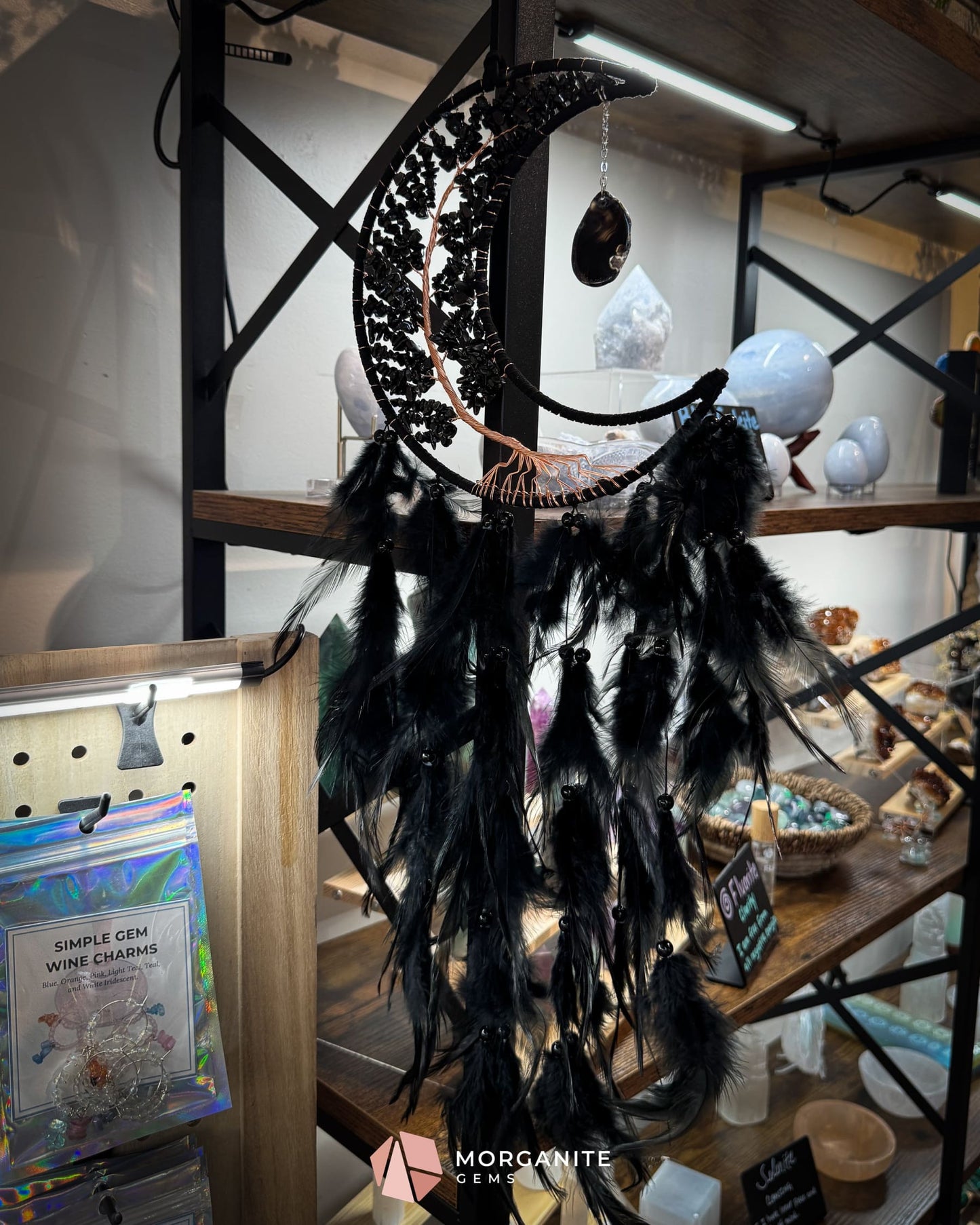 Medium Crescent Moon Dreamcatcher with Black Obsidian & Feathers by Guzel Handcrafts Home & Living