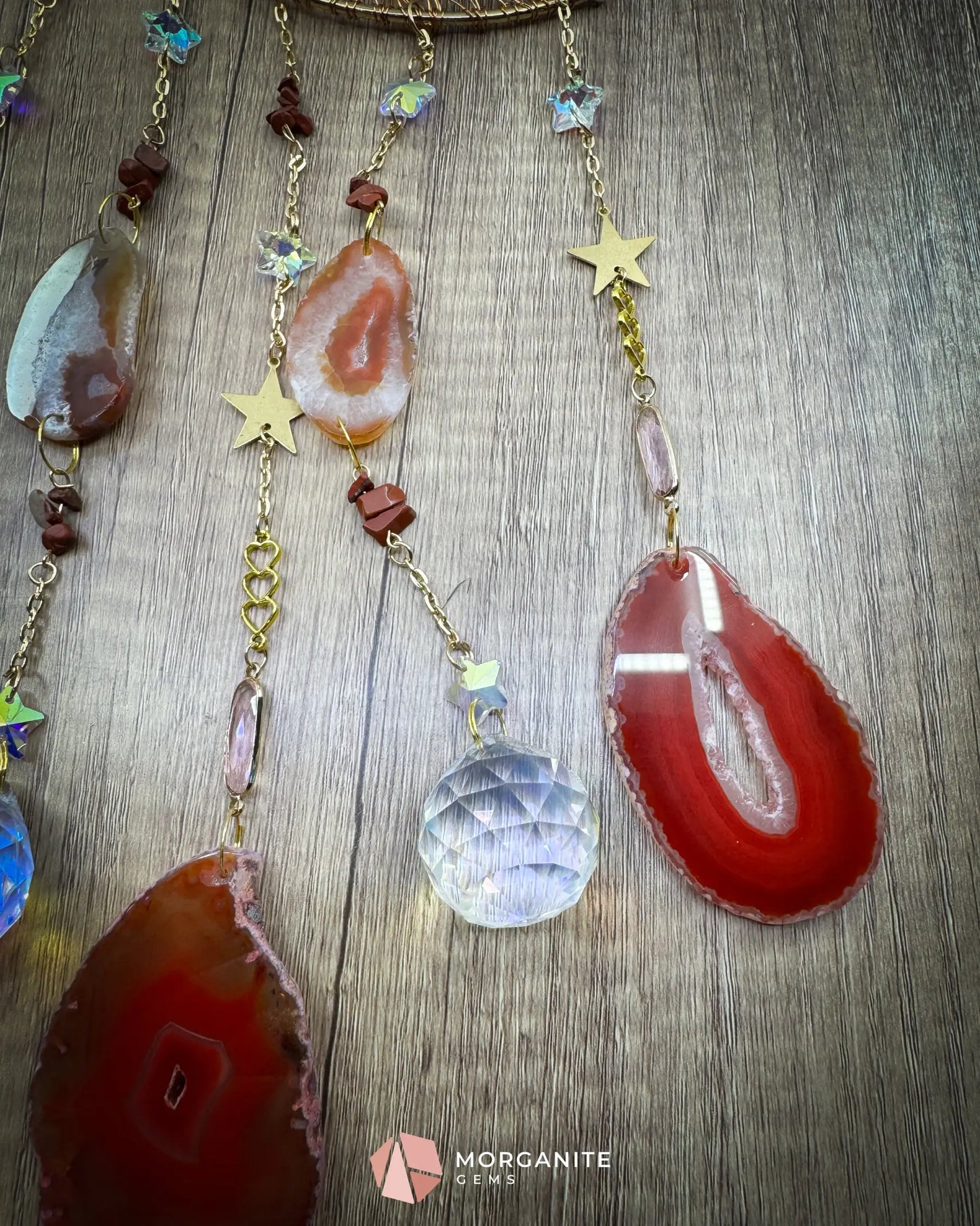 Medium Crescent Moon Dreamcatcher with Red Agate Copper Wire & Crystal Strands Home & Living
