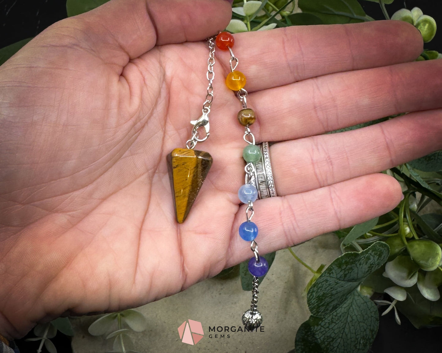 Mini Chakra Tiger’s Eye Pendulum with Chakra Chain for Balance & Energy Flow - Metaphysical Crystals