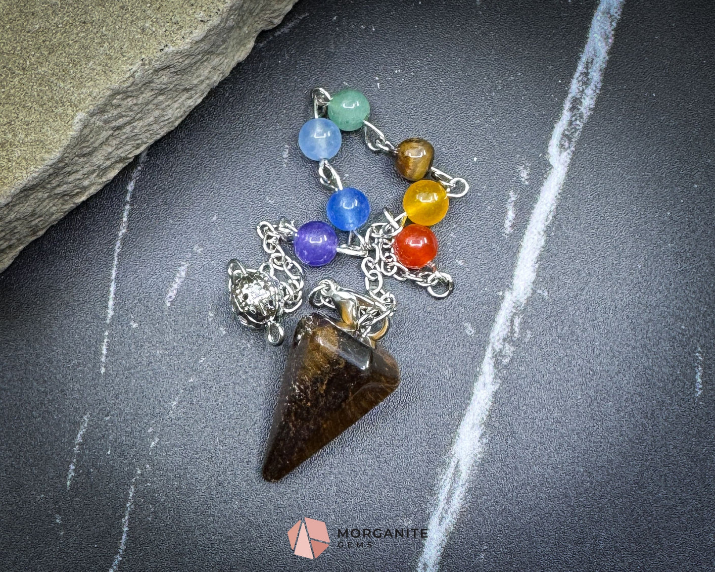 Mini Chakra Tiger’s Eye Pendulum with Chakra Chain for Balance & Energy Flow - Metaphysical Crystals