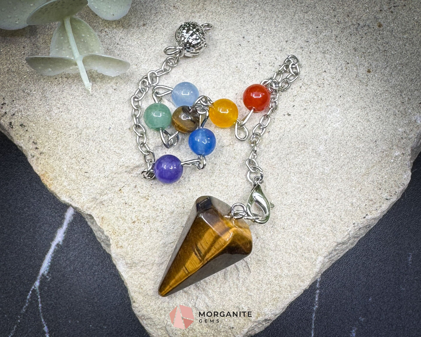 Mini Chakra Tiger’s Eye Pendulum with Chakra Chain for Balance & Energy Flow - Metaphysical Crystals