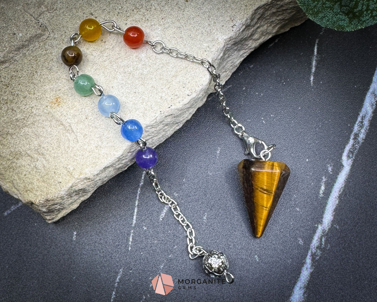 Mini Chakra Tiger’s Eye Pendulum with Chakra Chain for Balance & Energy Flow - Metaphysical Crystals