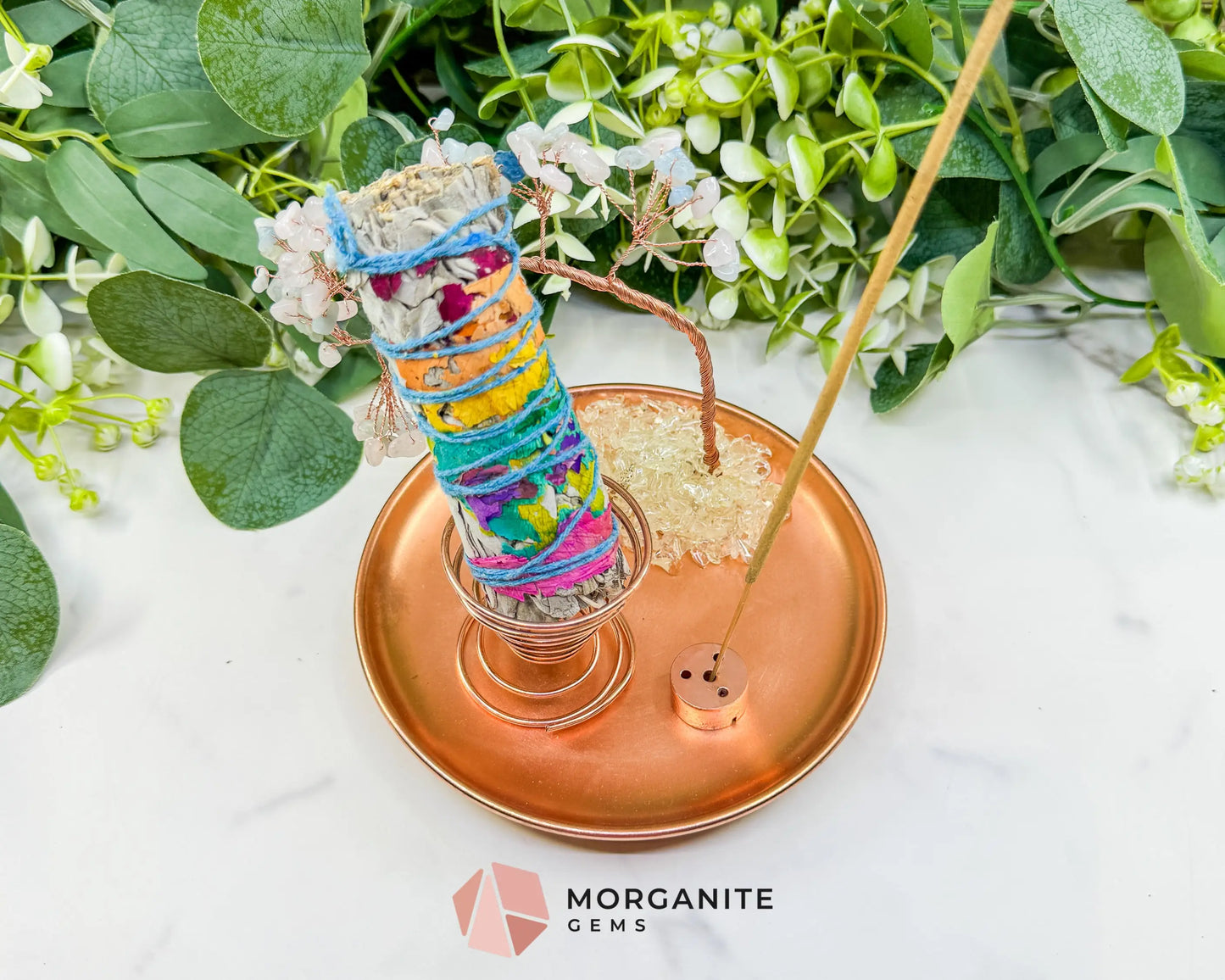 Morganite Gemstone Tree Incense Holder – Rose Gold Smudge Stick Station for Heart Healing & Compassion - Incense