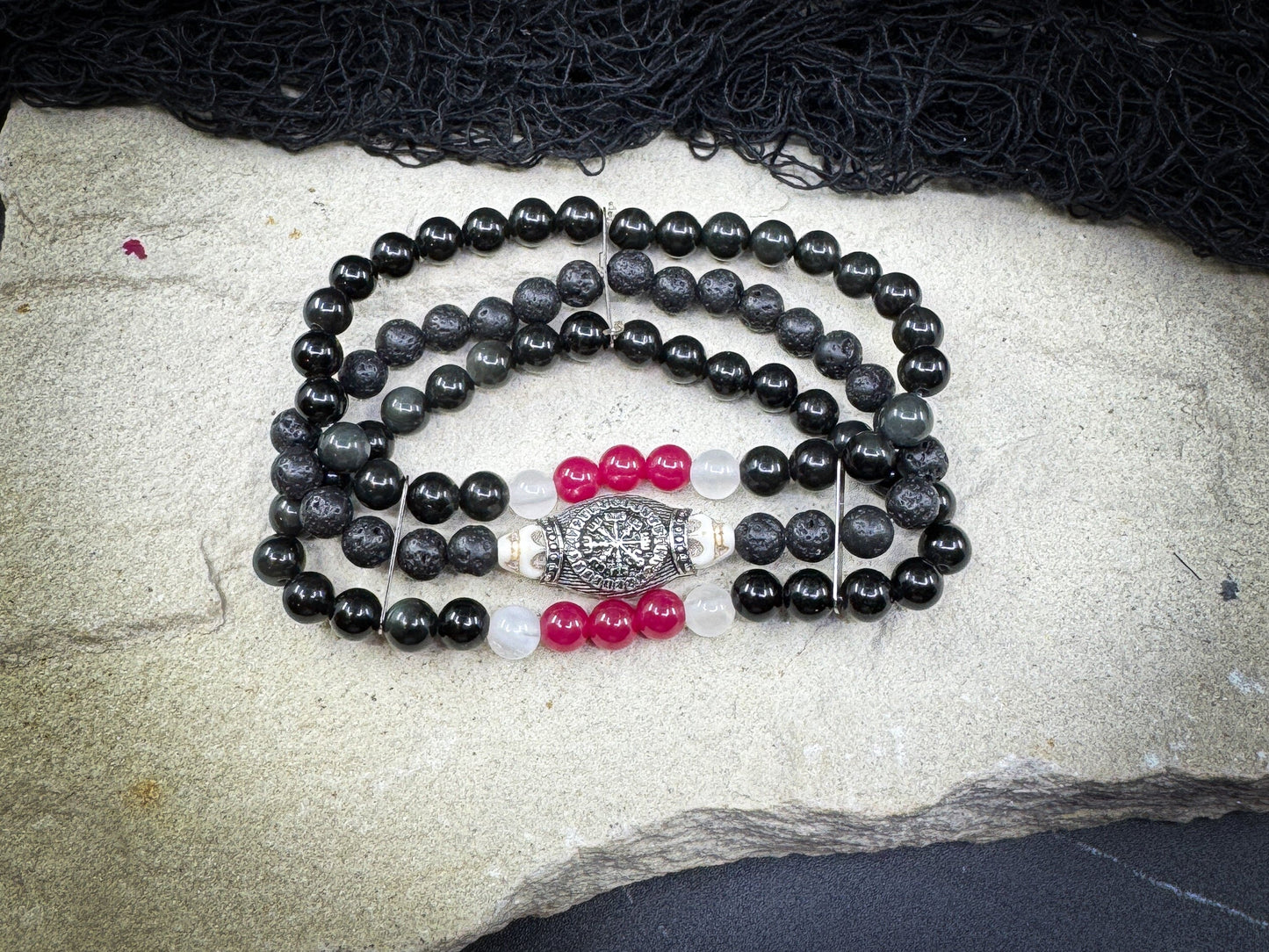 Nordic Gemstones Helm of Awe Bracelet – Triple Strand Ruby Selenite Blue Obsidian Lava & Skull - Jewelry