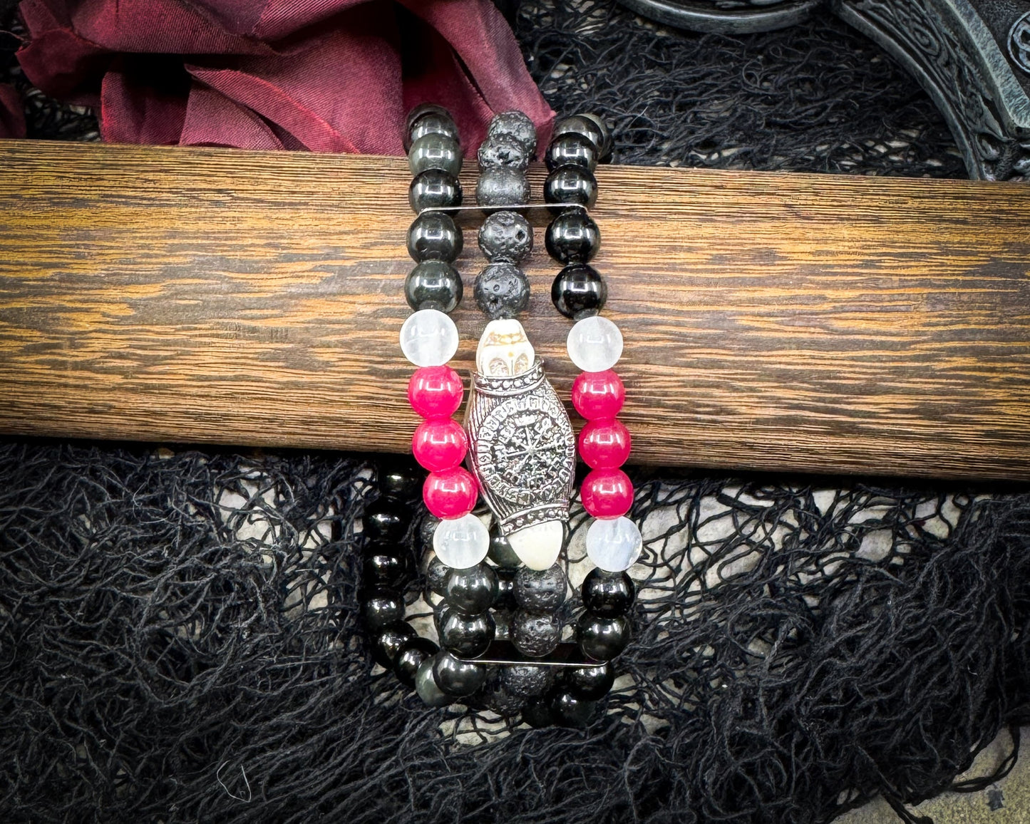 Nordic Gemstones Helm of Awe Bracelet – Triple Strand Ruby Selenite Blue Obsidian Lava & Skull - Jewelry