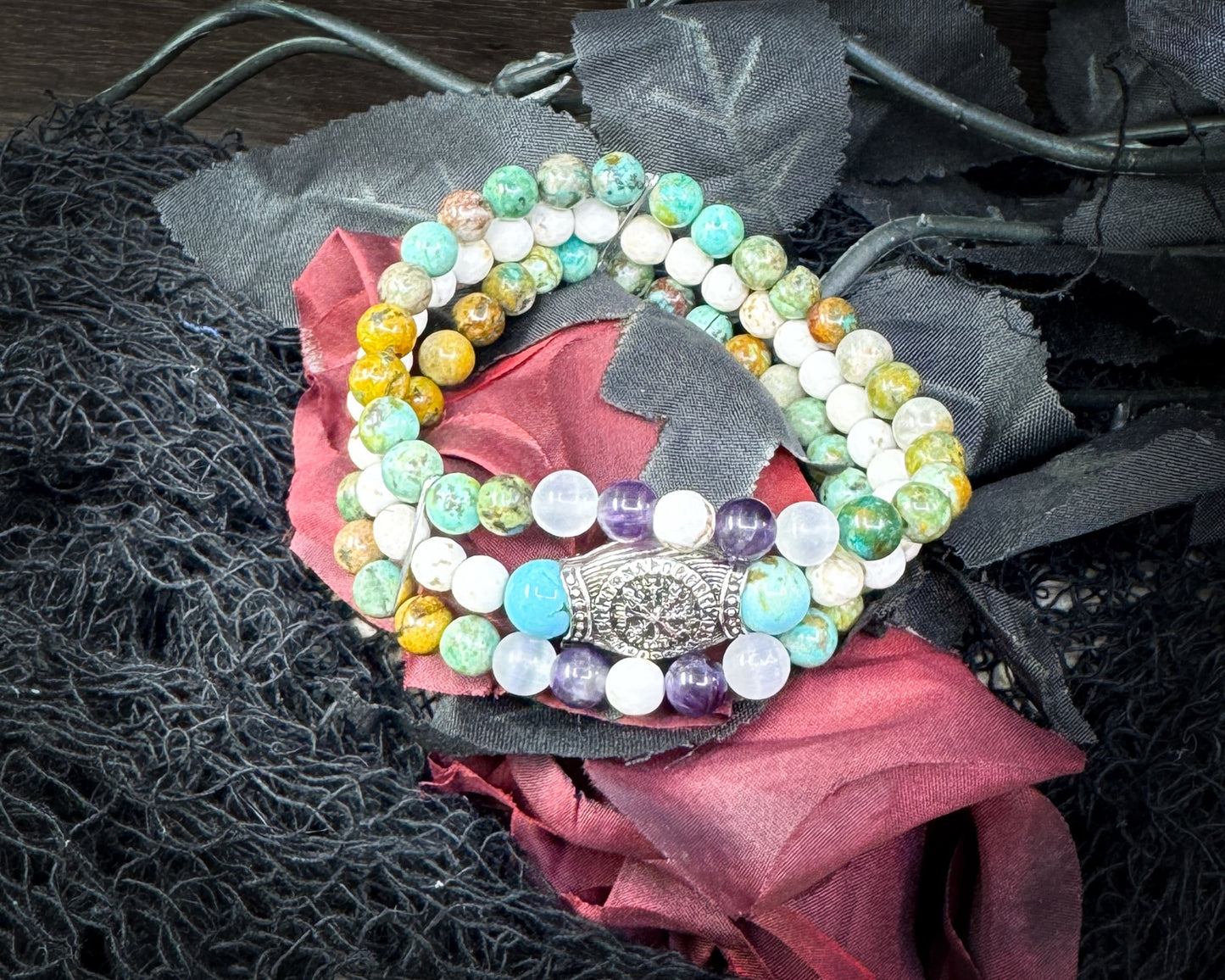 Nordic Gemstones Helm of Awe Bracelet – Triple Strand Amethyst Selenite Turquoise & White Turquoise - Jewelry