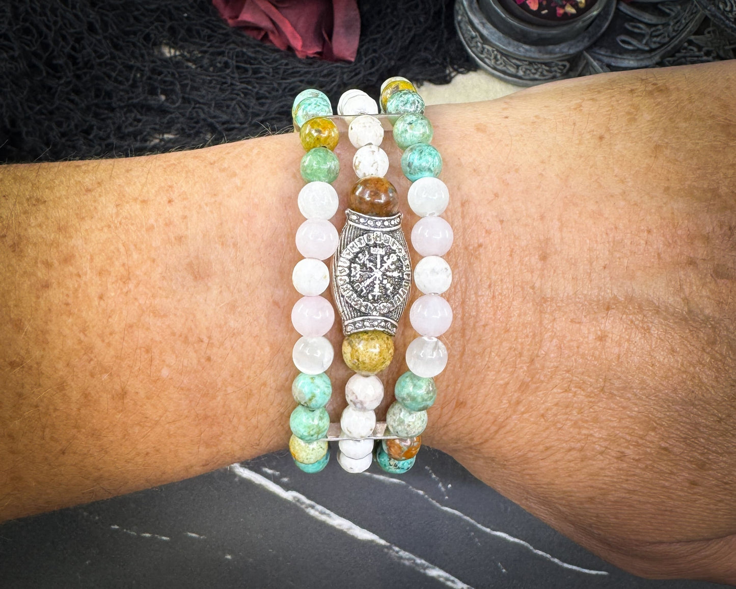 Nordic Gemstones Helm of Awe Bracelet – Triple Strand Rose Quartz Turquoise White Turquoise & Selenite - Jewelry