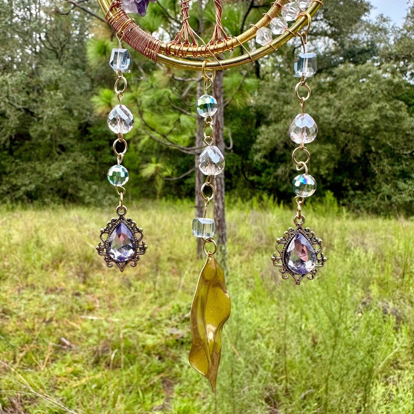 Gold Metal Dual Ring Dreamcatcher with 2 Trees of Life Amethyst Stones & Hanging Jewel Charms -- Rearview Mirror