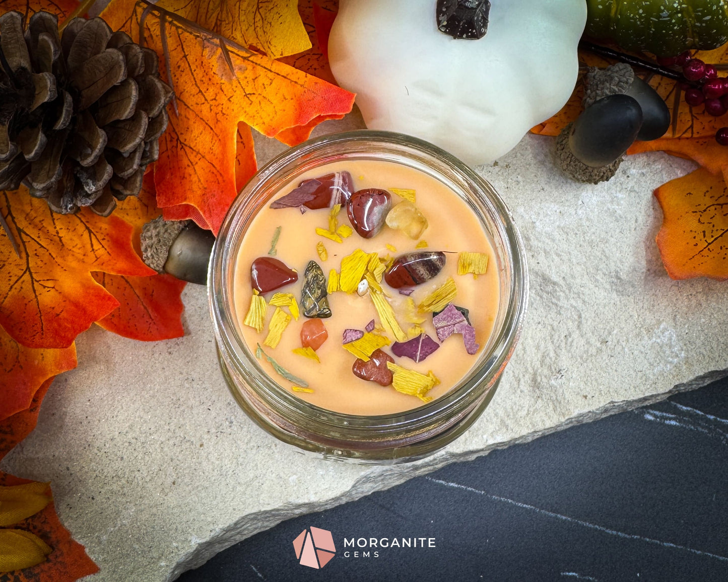 4 oz Mason Jar Fall Candle – Fallen Leaves Scent | Autumn Crystals & Dried Leaves | Small Rustic Fall Candle