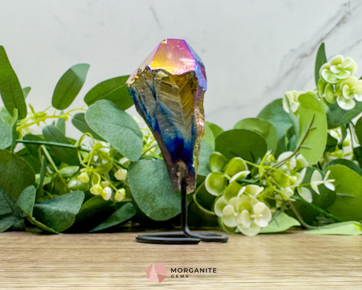 Rainbow Aura Black Obsidian No. 1 – Crystal Point on Metal Stand for Protection Grounding & Energy Clearing