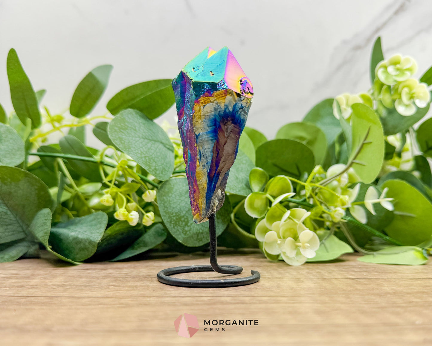 Rainbow Aura Black Obsidian No. 1 – Crystal Point on Metal Stand for Protection Grounding & Energy Clearing