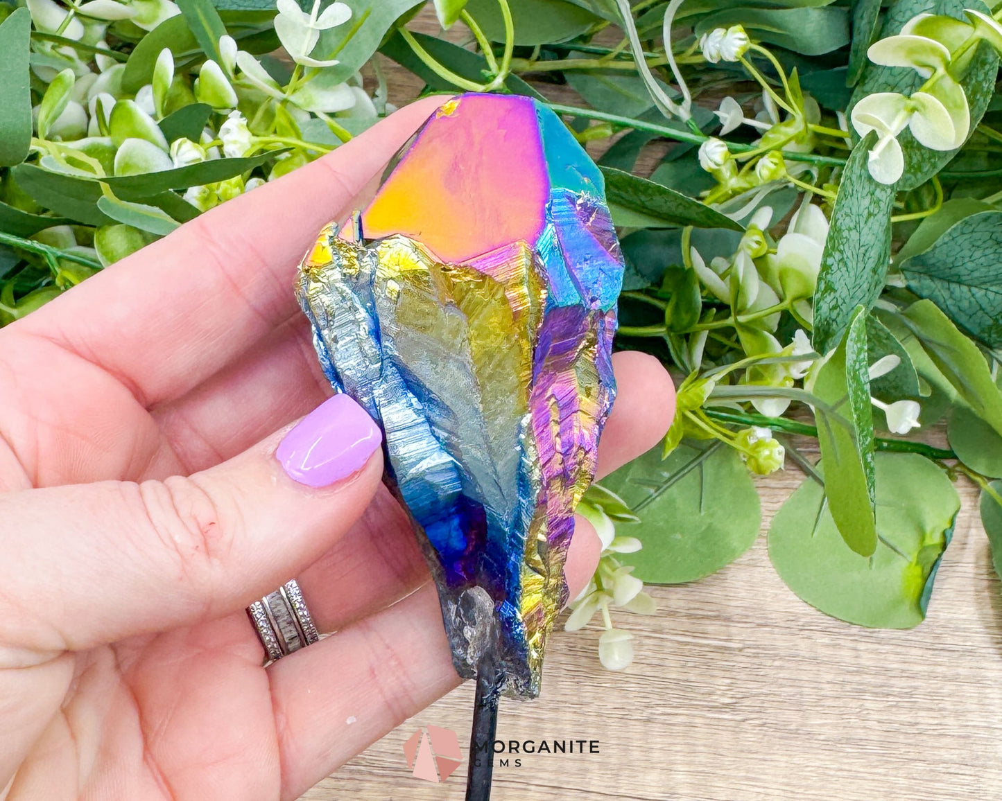 Rainbow Aura Black Obsidian No. 1 – Crystal Point on Metal Stand for Protection Grounding & Energy Clearing