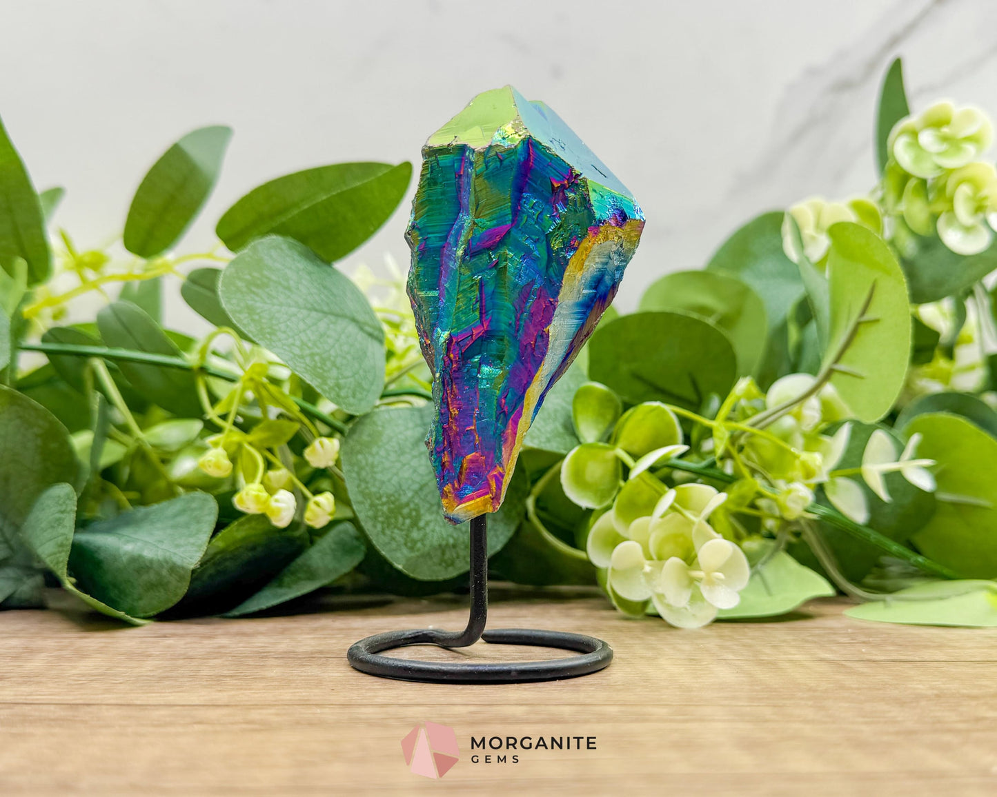 Rainbow Aura Black Obsidian No. 1 – Crystal Point on Metal Stand for Protection Grounding & Energy Clearing
