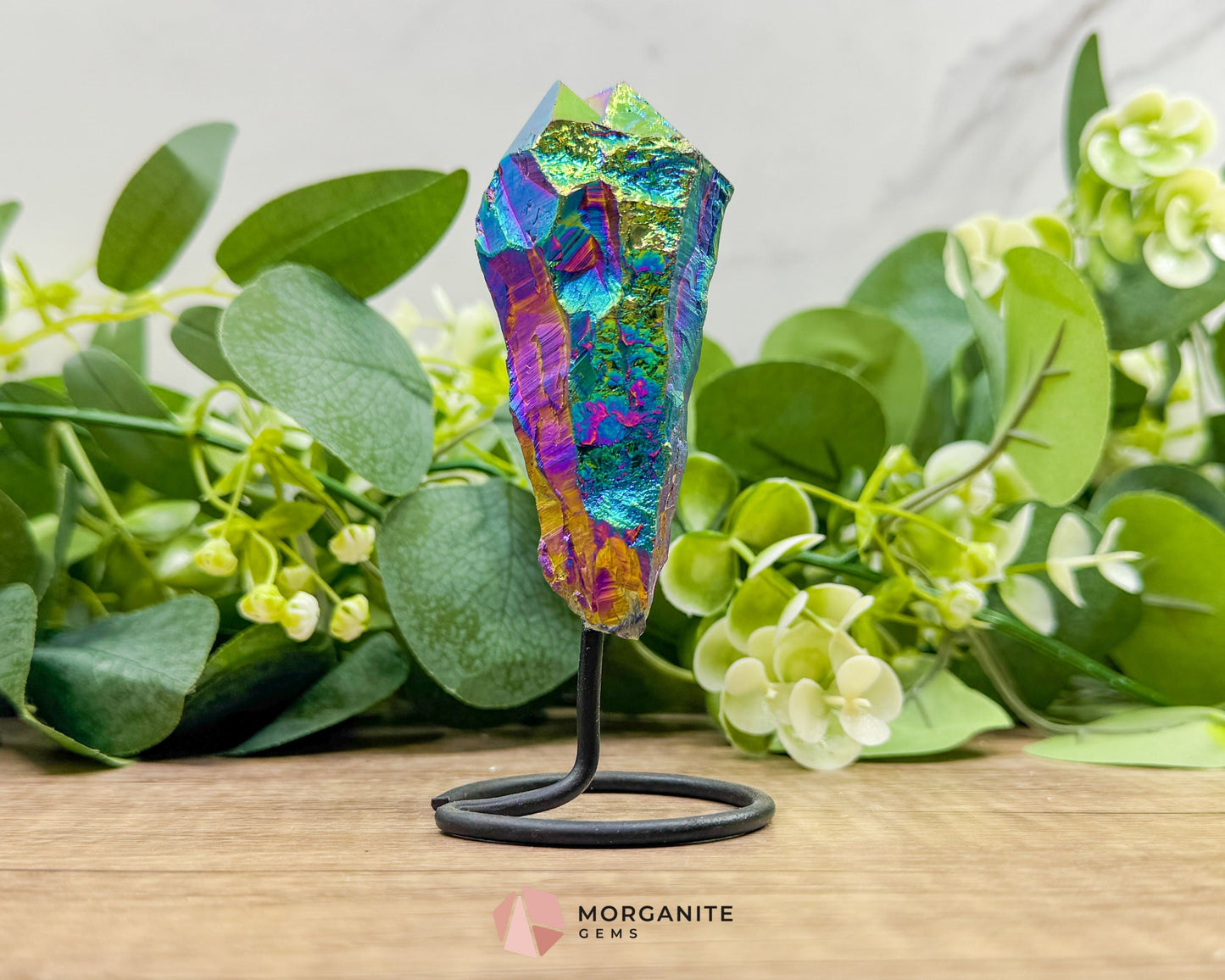 Rainbow Aura Black Obsidian No. 1 – Crystal Point on Metal Stand for Protection Grounding & Energy Clearing