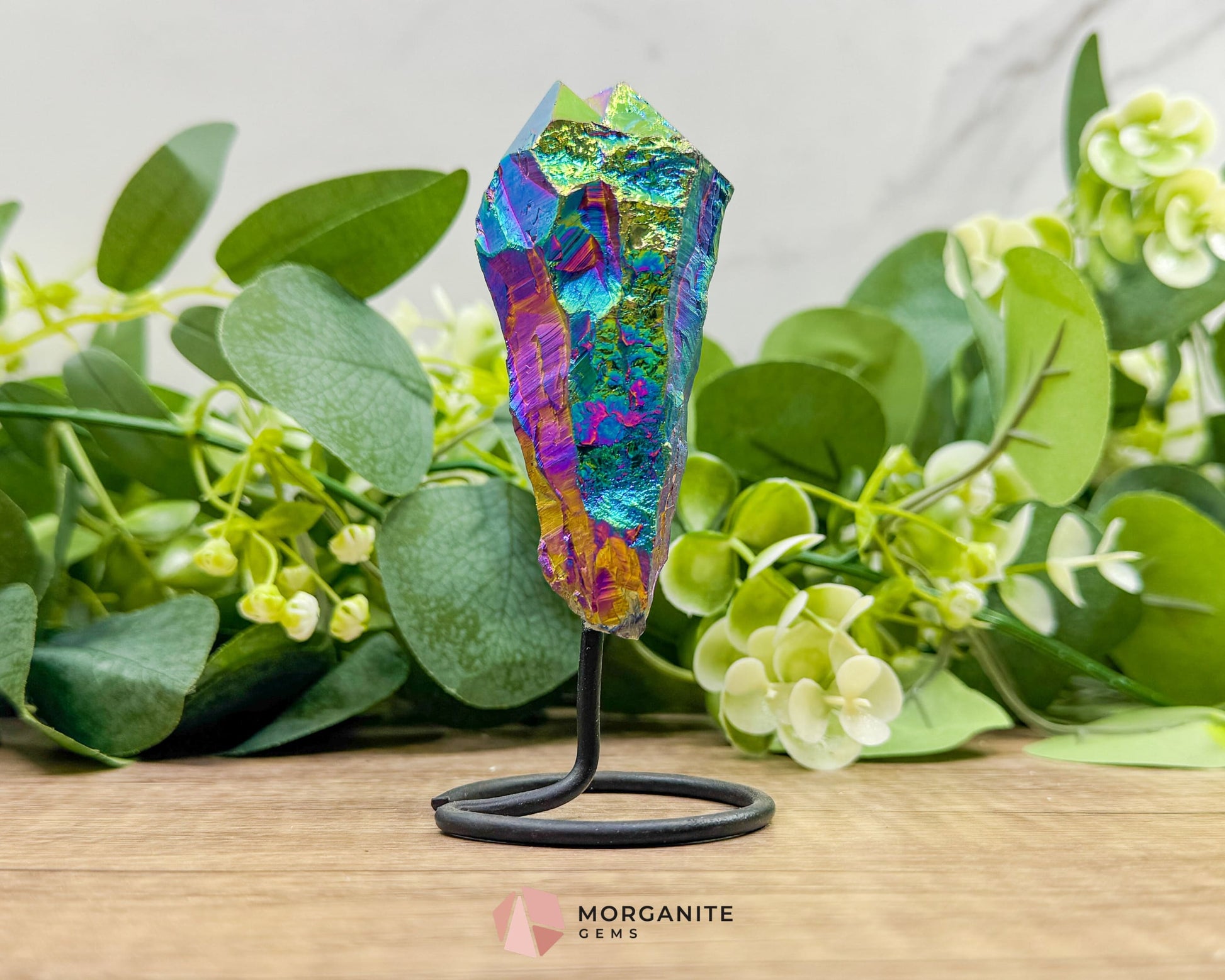 Rainbow Aura Black Obsidian No. 1 – Crystal Point on Metal Stand for Protection Grounding & Energy Clearing
