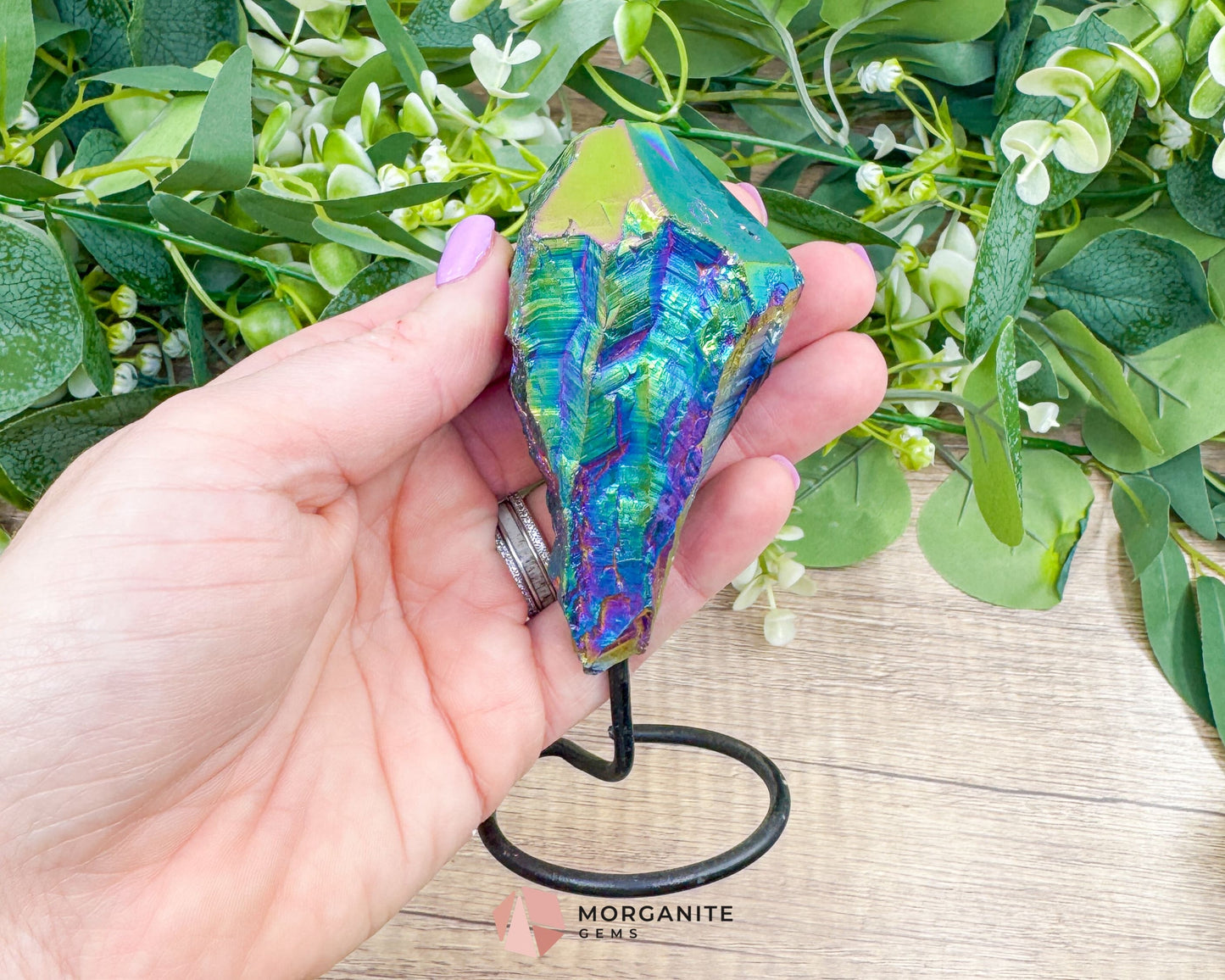 Rainbow Aura Black Obsidian No. 1 – Crystal Point on Metal Stand for Protection Grounding & Energy Clearing