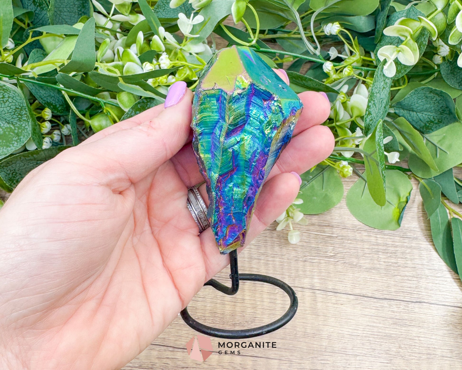 Rainbow Aura Black Obsidian No. 1 – Crystal Point on Metal Stand for Protection Grounding & Energy Clearing