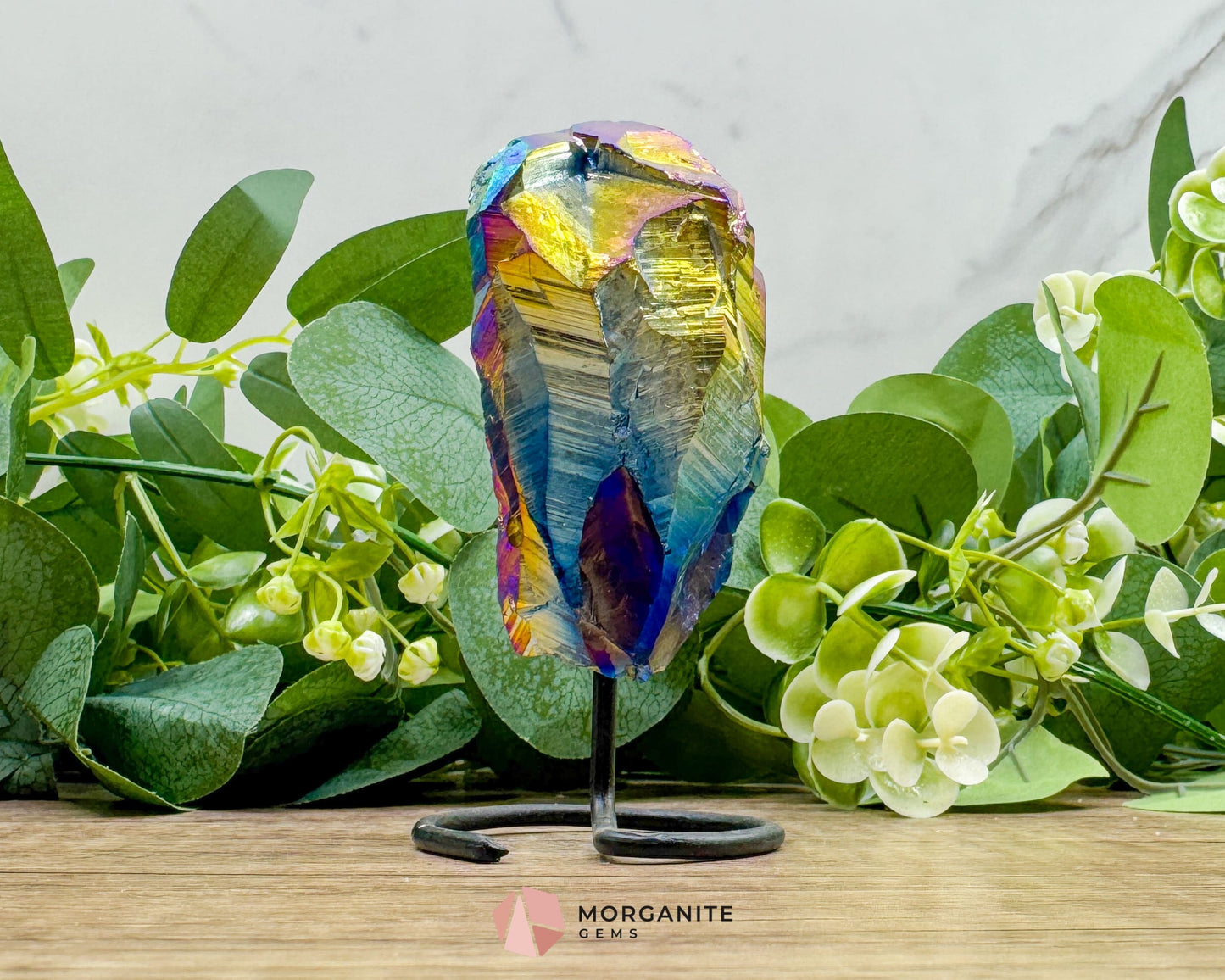Rainbow Aura Black Obsidian No. 2 – Crystal Point on Metal Stand for Grounding Protection & Aura Alignment