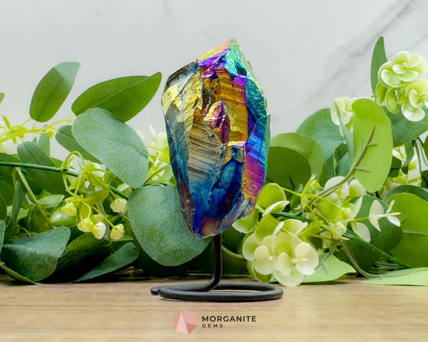 Rainbow Aura Black Obsidian No. 2 – Crystal Point on Metal Stand for Grounding Protection & Aura Alignment