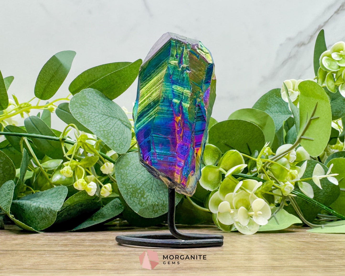 Rainbow Aura Black Obsidian No. 2 – Crystal Point on Metal Stand for Grounding Protection & Aura Alignment