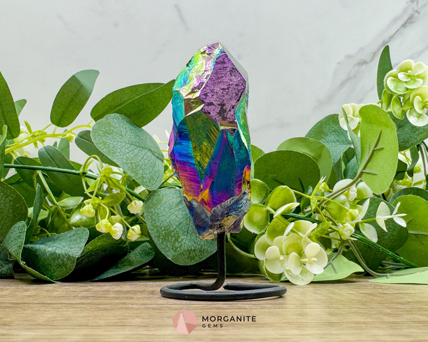 Rainbow Aura Black Obsidian No. 2 – Crystal Point on Metal Stand for Grounding Protection & Aura Alignment