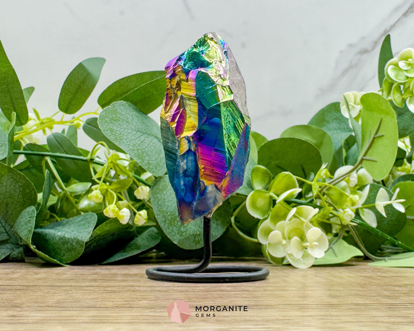 Rainbow Aura Black Obsidian No. 2 – Crystal Point on Metal Stand for Grounding Protection & Aura Alignment