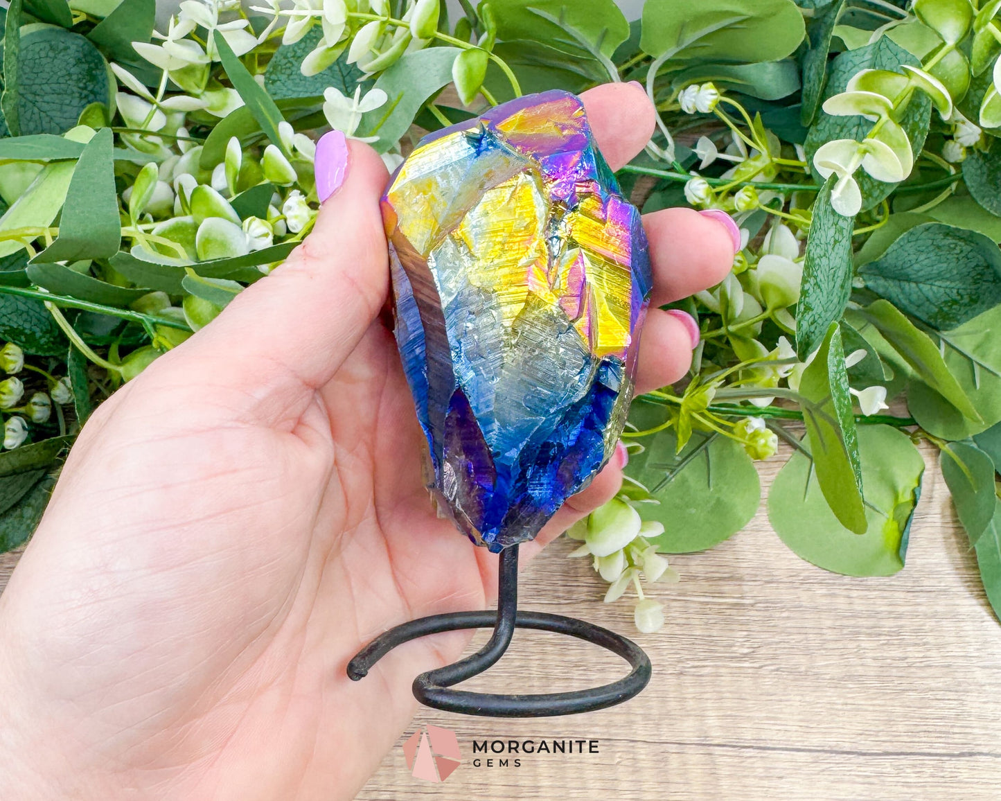 Rainbow Aura Black Obsidian No. 2 – Crystal Point on Metal Stand for Grounding Protection & Aura Alignment