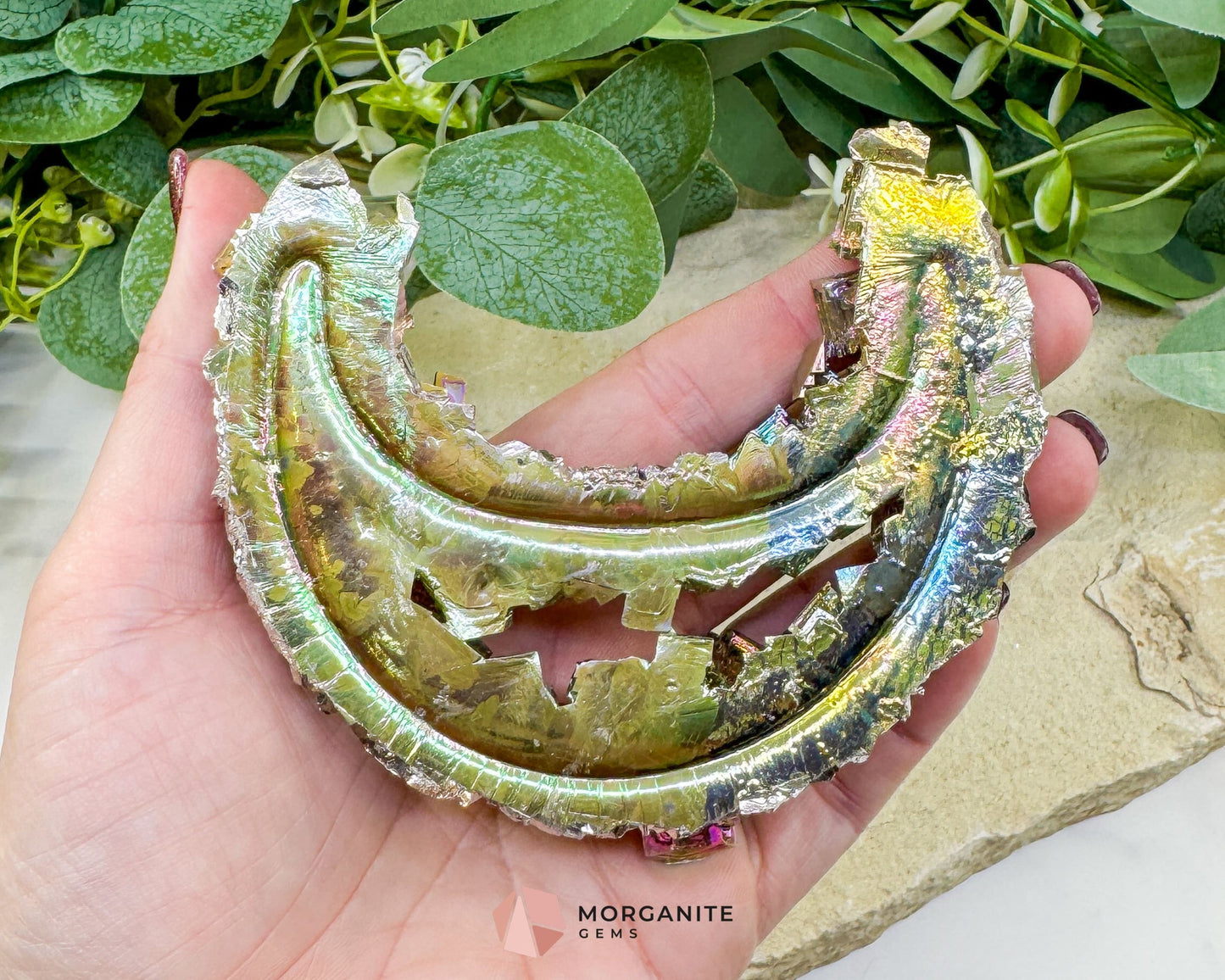 Rainbow Bismuth Moon Sculpture with Stand β Iridescent Crystal Crescent for Display Altar & Energy Work πβ¨